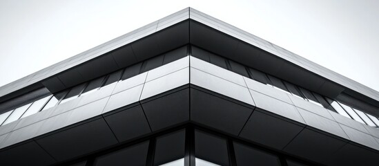 Symmetrical view of modern building exterior with geometric design and clean lines.