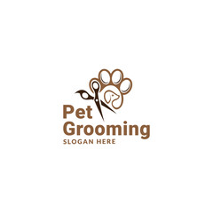 pet grooming icon, animal grooming salon, dog or cat paw, scissors with comb for groomer, flat symbol - editable stroke vector illustration