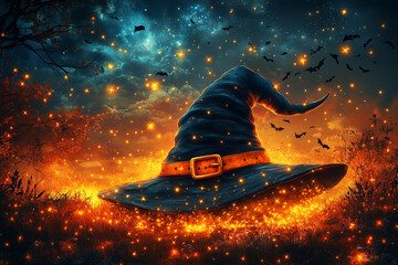 A cartoon-style witch's hat with a bright orange buckle, surrounded by glowing stars and bats.