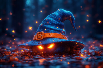 A cartoon-style witch's hat with a bright orange buckle, surrounded by glowing stars and bats.