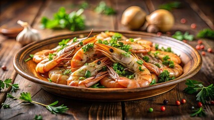 A Rustic Plate Filled with Delicate, Cooked Shrimp, Adorned with Fresh Parsley, and a Scattering of Aromatic Peppers, Offering a Delicious Culinary Experience