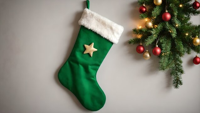 green christmas stocking hanging on the wall