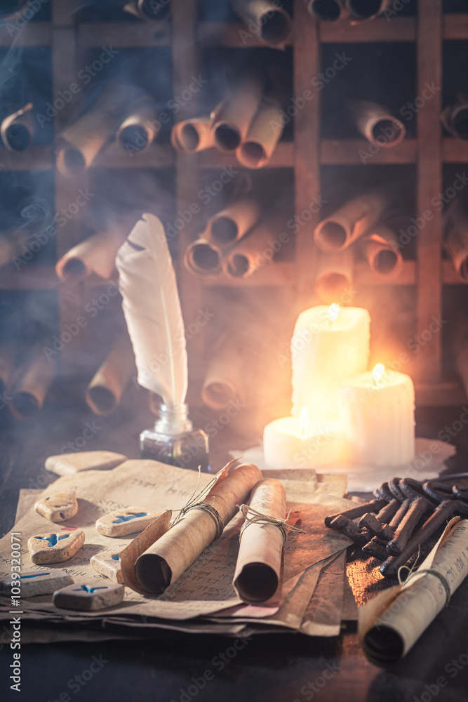 Poster magic and ancient library full of ancient scrolls