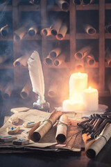 Magic and ancient library full of ancient scrolls