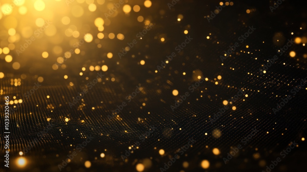 Poster a shimmering golden background with scattered light particles, creating a festive atmosphere.