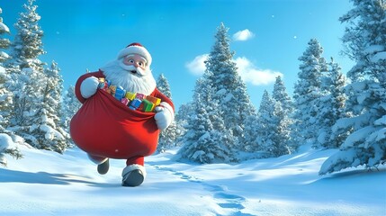 Fototapeta premium Happy Santa Claus with gifts in a festive winter scene, surrounded by snowflakes, a decorated tree, and a cheerful snowman, perfect for a holiday greeting card