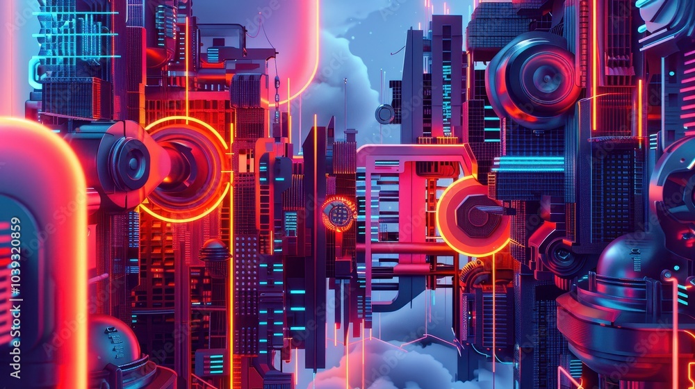Poster futuristic digital art combining 3d and 2d elements