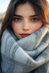 A young woman with striking blue eyes wrapped in a cozy grey scarf outdoors during golden hour