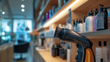 Fototapeta premium A modern salon interior featuring a hairdryer and a variety of hair products