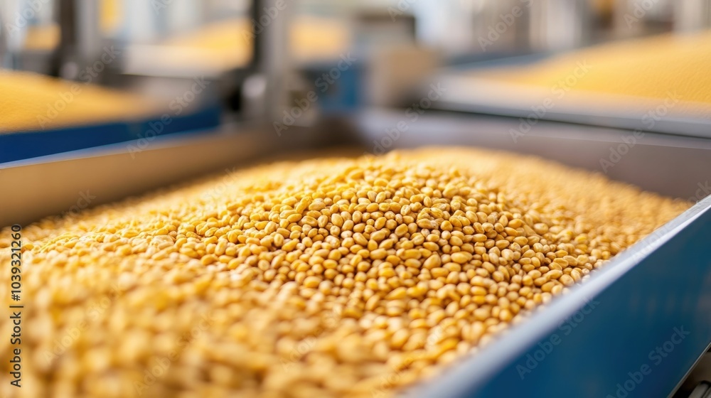 Poster industrial machines processing grains in food production facility grain processing line with deep de
