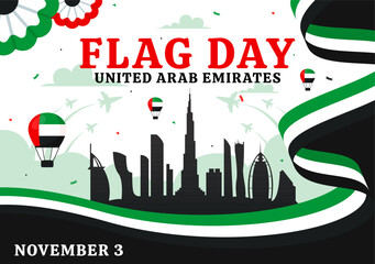 Fototapeta premium United Arab Emirates Flag Day Vector Illustration on 3rd November featuring National Flags and Decorative Ornaments in a Flat Style Cartoon Background