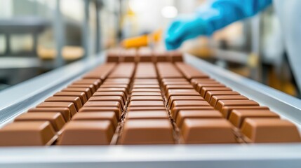 Overhead view of an automated chocolate production line with chocolate bars being molded wrapped and packaged in an industrial food manufacturing facility or factory