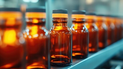 Rows of amber colored glass bottles being formed and shaped in a high tech glass manufacturing plant showcasing the industrial glass bottle production process and workflow