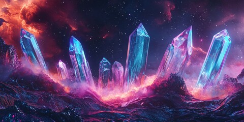 Majestic Crystal Towers Erupting from a Fiery Landscape Under a Cosmic Sky