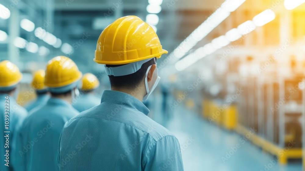 Poster a team of engineers wearing hard hats monitoring the production and assembly of electronic component
