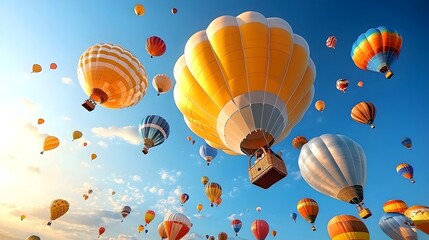 Fototapeta premium Vibrant and Lively Hot Air Balloon Festival with Dozens of Colorful Balloons Ascending into a Clear Picturesque Sky Outdoor Adventure and Scenic Landscape