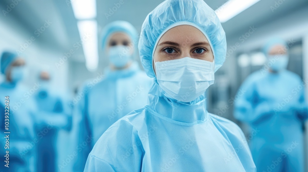 Poster workers in a cleanroom environment assembling advanced medical devices and equipment using strict pr