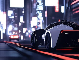 Obraz premium Experience the Future of Sustainable Racing: A Stylish Electric Car Navigates an Urban Oasis—Perfect Poster for Sports Interiors Celebrating Innovation and Style!