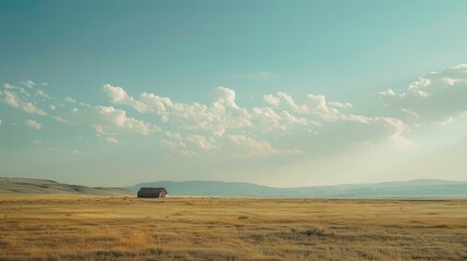 Obraz premium Lone Farmhouse on Grassy Plain Under Blue Sky