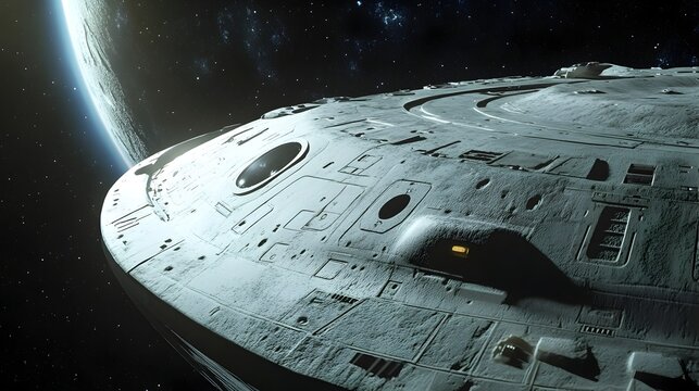 Futuristic Spacecraft Orbiting Distant Celestial Body in Expansive Cosmic Landscape
