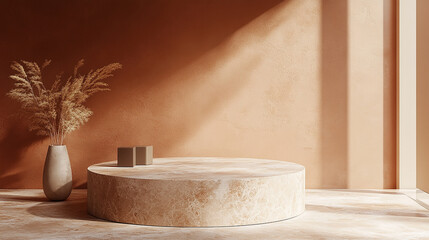 brown cosmetic beauty product rock podium with palm leaves