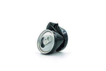 Black soda can on white background, recycled material concept