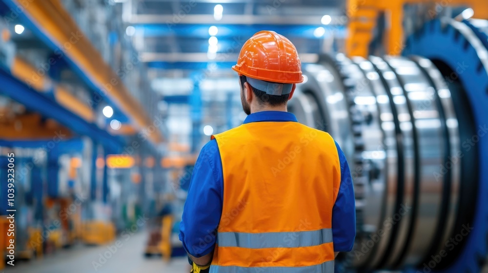 Poster workers in hard hats and safety vests assembling the components of a wind turbine in a large industr