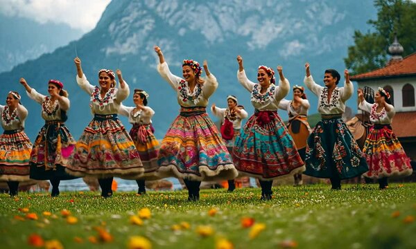 Traditional dancers performing in colorful attire against a scenic backdrop.