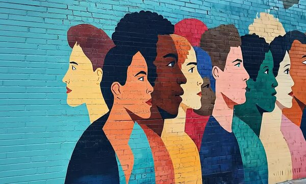 Colorful mural depicting diverse faces in profile with ai generated.
