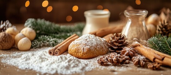 A close-up of a freshly baked cookie dusted with powdered sugar, surrounded by cinnamon sticks, pine cones, and other baking ingredients.