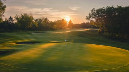 Serene golf course at sunset with lush green grass, fairways, and flag gently waving, creating tranquil outdoor landscape bathed in warm golden light.