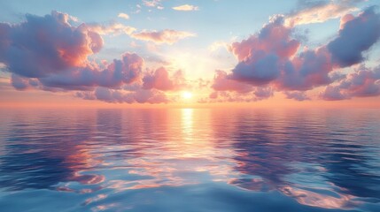 Fototapeta premium Serene sunset over calm ocean waters with colorful clouds.