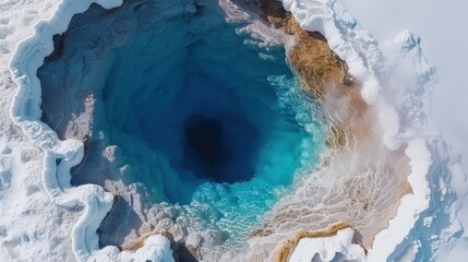 Vivid Blue Geyser Pool Surrounded by Snowy Terrain