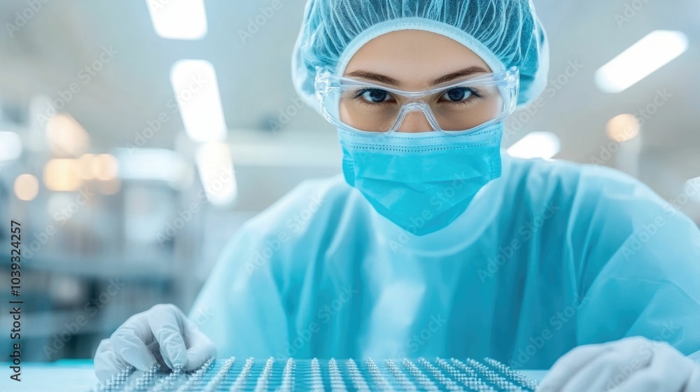 Poster close up view of a worker inspecting semiconductor wafers in a cleanroom environment during the elec