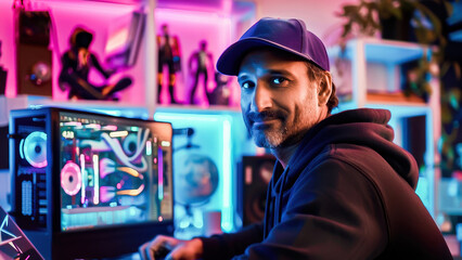 Fototapeta premium A young man in a vibrant gaming setup with LED lights, showcasing a high-tech and modern gaming environment at home.