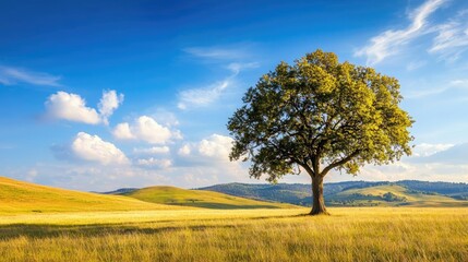 Fototapeta premium Lone tree on a golden field under a bright blue sky with soft clouds.