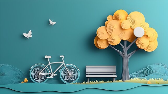 Whimsical paper cut bicycle leaning against a layered wooden park bench under the canopy of a tree in a serene outdoor setting showcasing a creative and interpretation of a everyday scene
