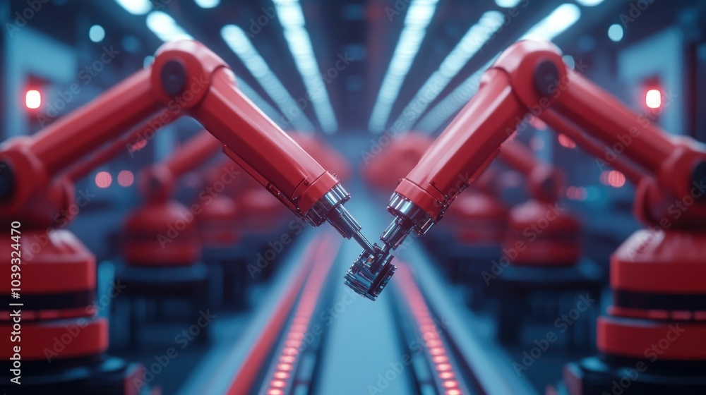 Poster robotic automotive parts assembly on a high tech production line in a modern automated manufacturing