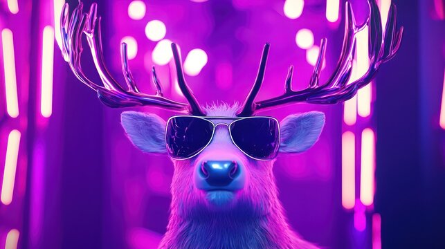 Stylish neon-lit white reindeer with robust antlers and sunglasses, purple backdrop.