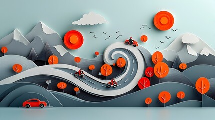 Obraz premium Winding road with motorcycles and cars in motion capturing the essence of adventure and the thrill of a journey through a scenic landscape