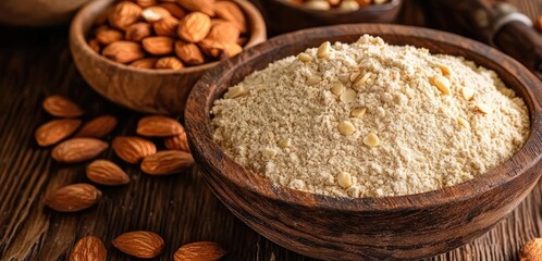 Bowl of almond flour surrounded by whole almonds on a rustic wooden table.