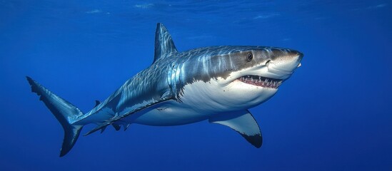 Fototapeta premium A great white shark swims through the ocean.