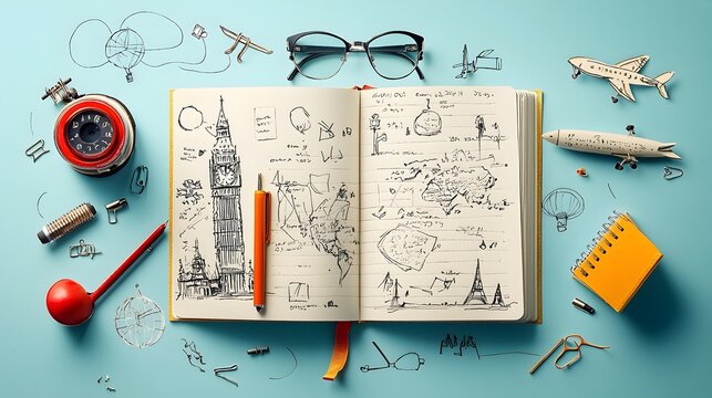 Whimsical Travel Journal with Sketches and Handwritten Notes Depicting Landmarks Architecture and Destinations from a Voyage of and Discovery