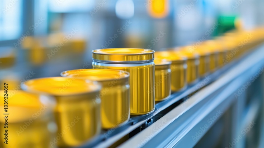 Poster automated food canning line with metallic cans being rapidly filled and sealed at high speed showcas