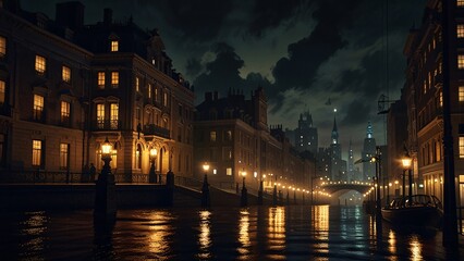 Fototapeta premium the dark and gritty streets of a steampunk metropolis, where towering clockwork buildings cast long shadows and the air is thick with the scent of coal and oil.