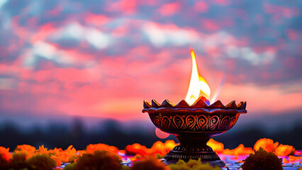 A beautifully lit diya with a bright flame surrounded by marigold flowers against a vibrant sunset sky, symbolizing cultural tradition and spirituality.