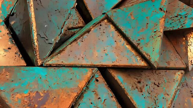 looping abstract 3D animation showcases moving pattern corroded copper metallic triangles creating visually engaging motion background rendered ultrahigh definition stunning visual impact three