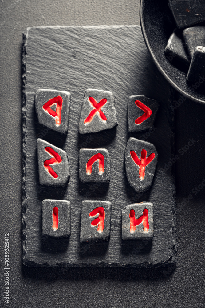 Poster top view of divination by rune based on futhark alphabet