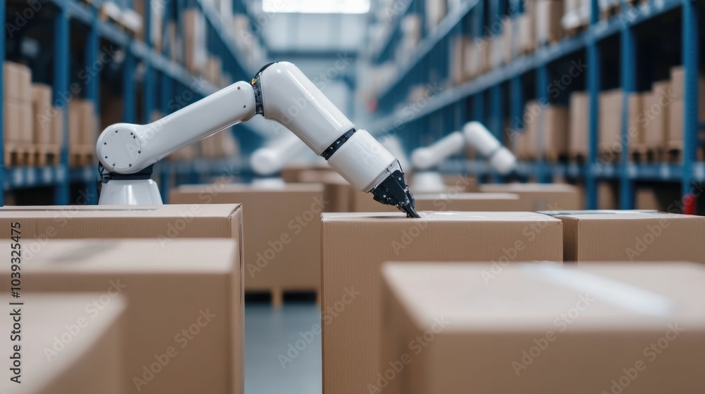 Poster automated robotic packaging system sorting and boxing products in an advanced warehouse facility sho