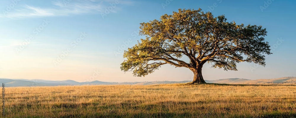 Poster lone tree stands majestically in an open field under a clear blue sky.